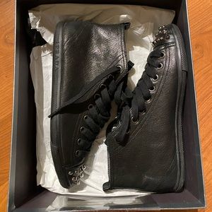 PRADA LEATHER STUDDED TOE HIGH TOP SNEAKERS